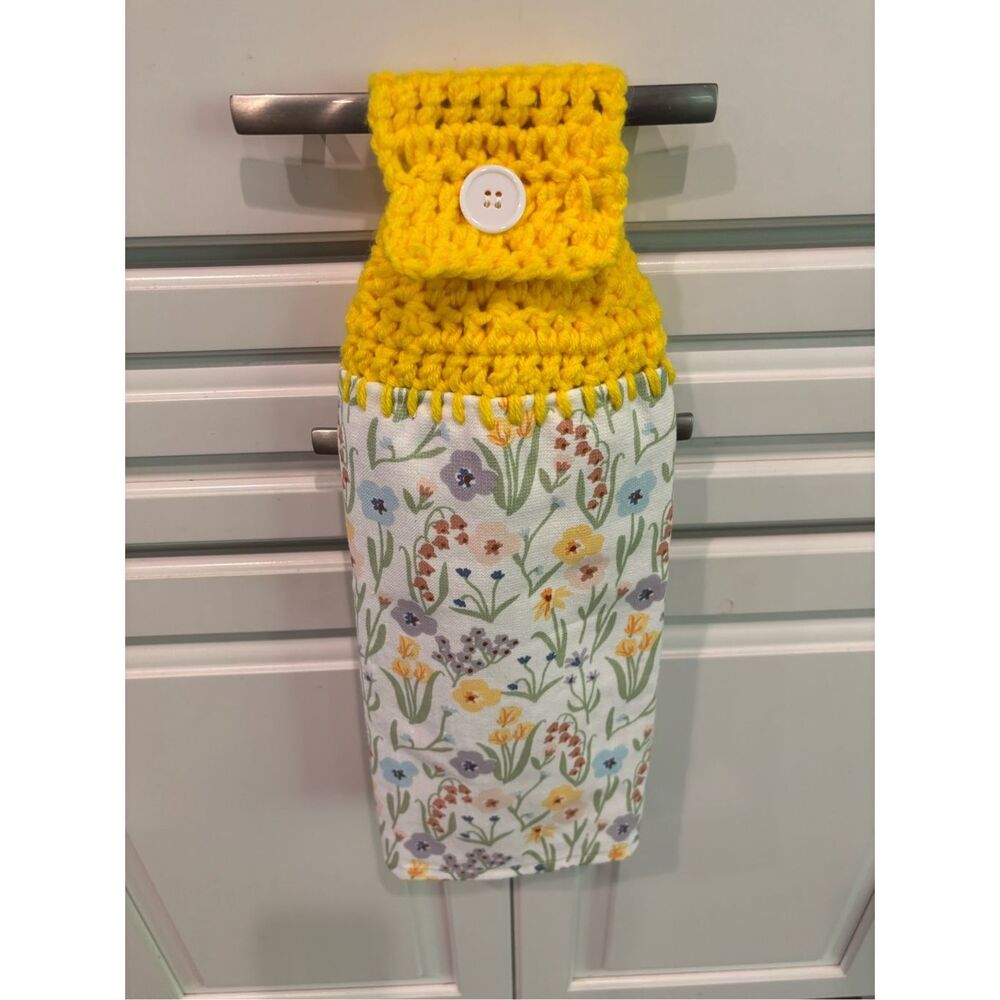Crochet Top Kitchen Towel- Variety flowers-yellow topper
